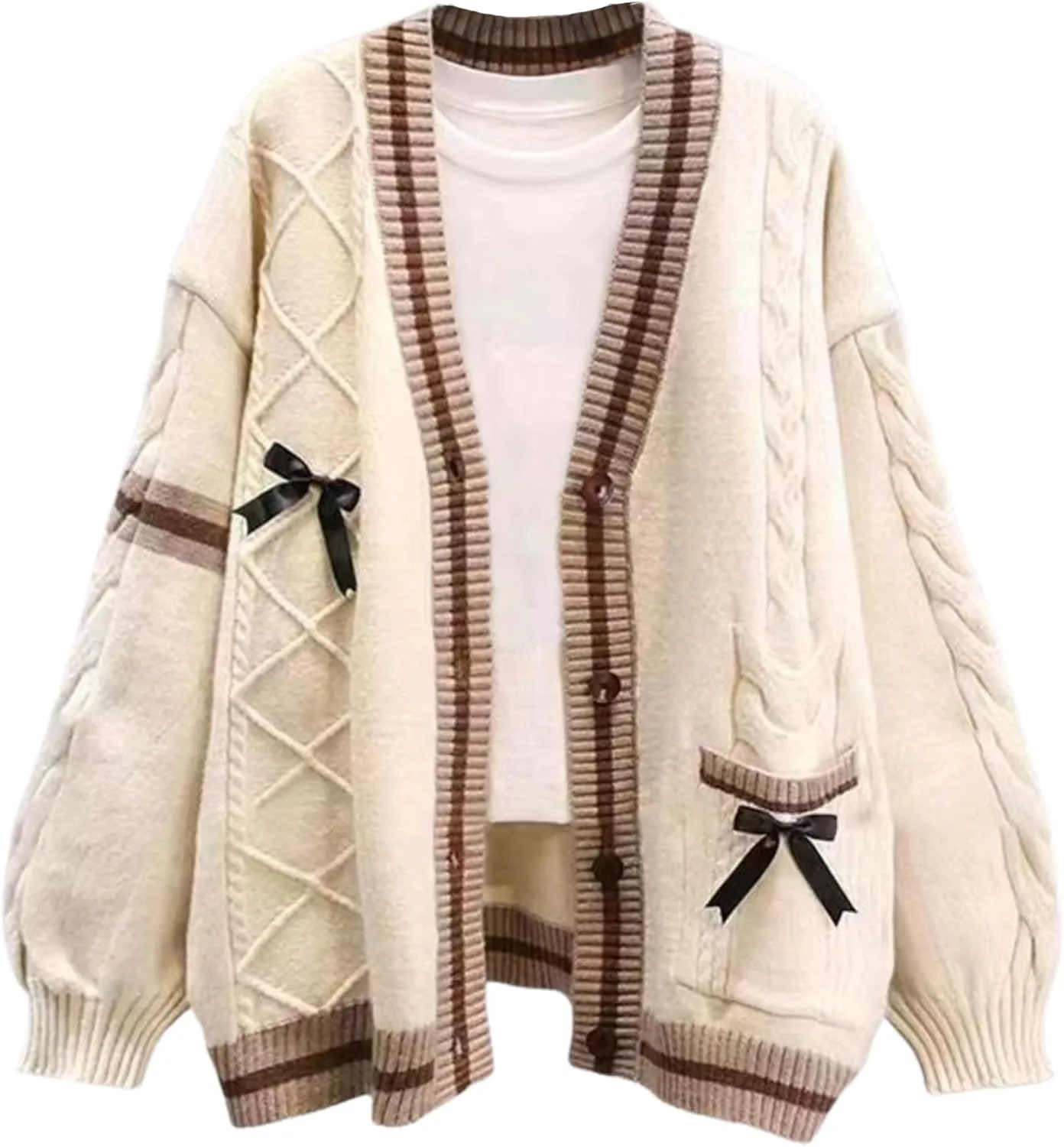 FindThy Women’s Kawaii JK School Uniform Cardigans Long Sleeve Button Up Cardigan with Pinned Bowknot