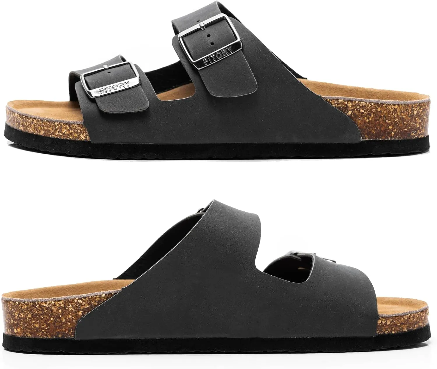 FITORY Mens Leather Insole Sandals with Two Buckles,Open Toe Slides for Indoor and Outdoor Size 7-14.5