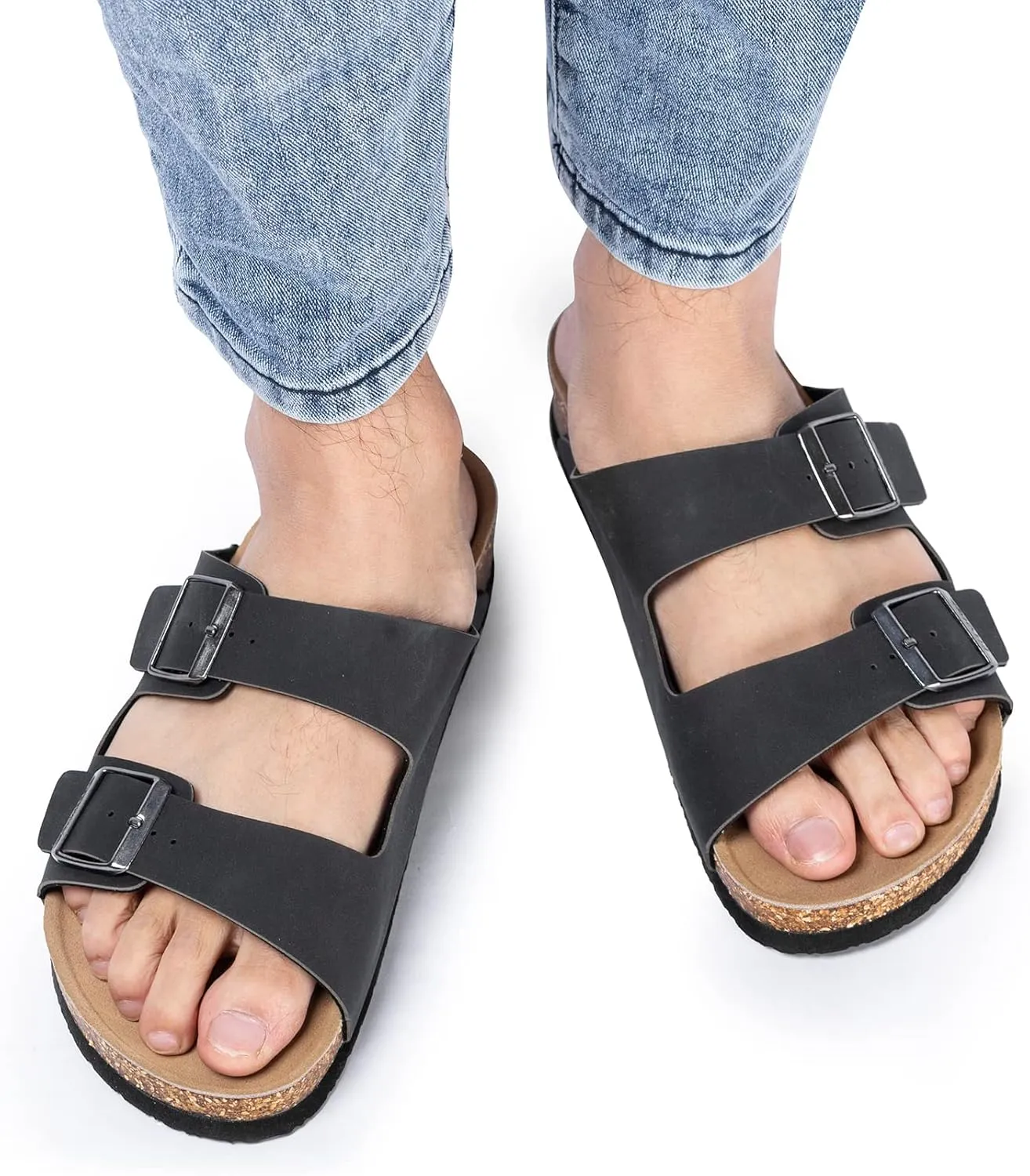 FITORY Mens Leather Insole Sandals with Two Buckles,Open Toe Slides for Indoor and Outdoor Size 7-14.5
