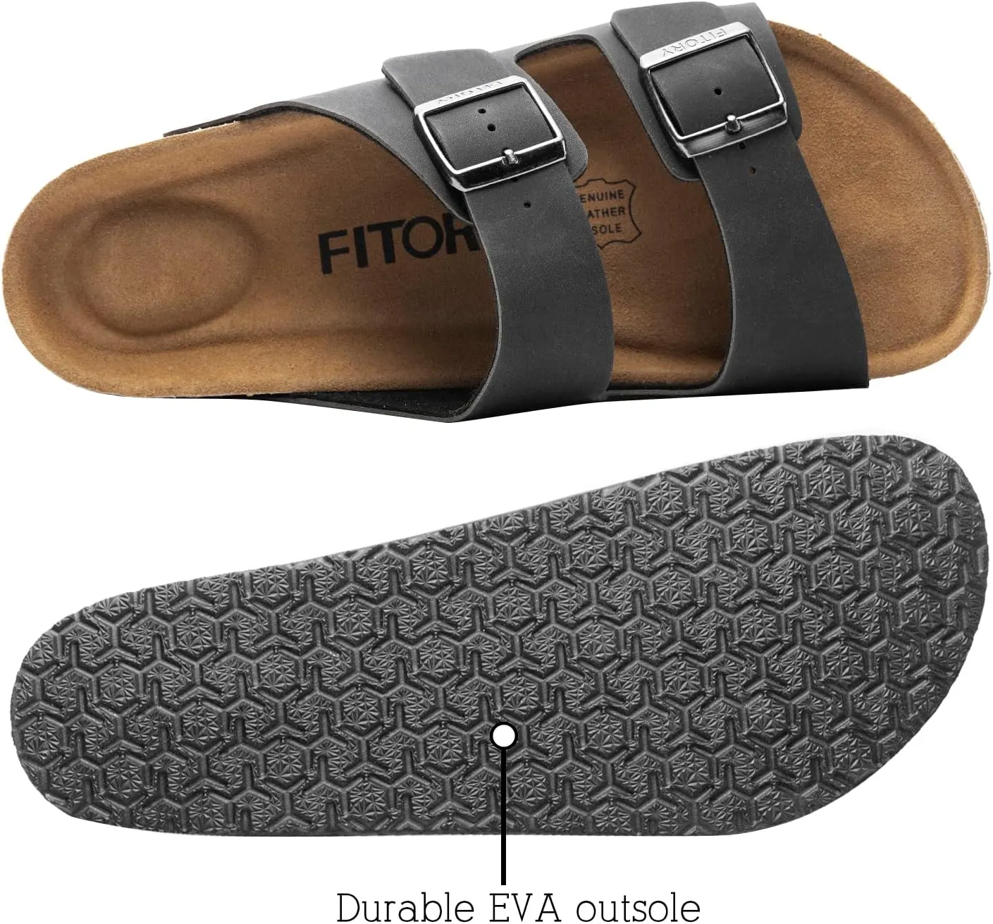 FITORY Mens Leather Insole Sandals with Two Buckles,Open Toe Slides for Indoor and Outdoor Size 7-14.5