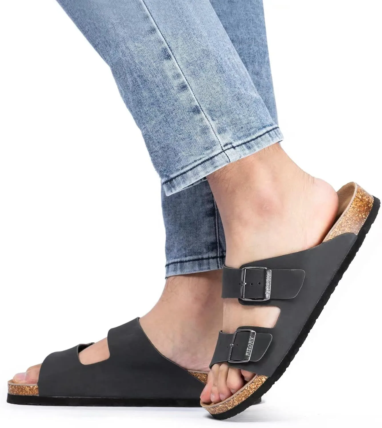 FITORY Mens Leather Insole Sandals with Two Buckles,Open Toe Slides for Indoor and Outdoor Size 7-14.5