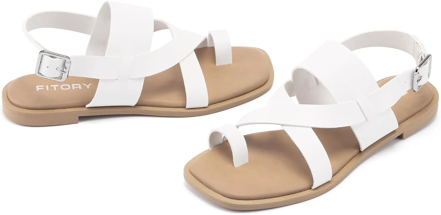 FITORY Womens Flat Adjustable Strap Sandals With Casual Fashion Slingback Slides and Split Toes Style for Lady Summer Size 6-11