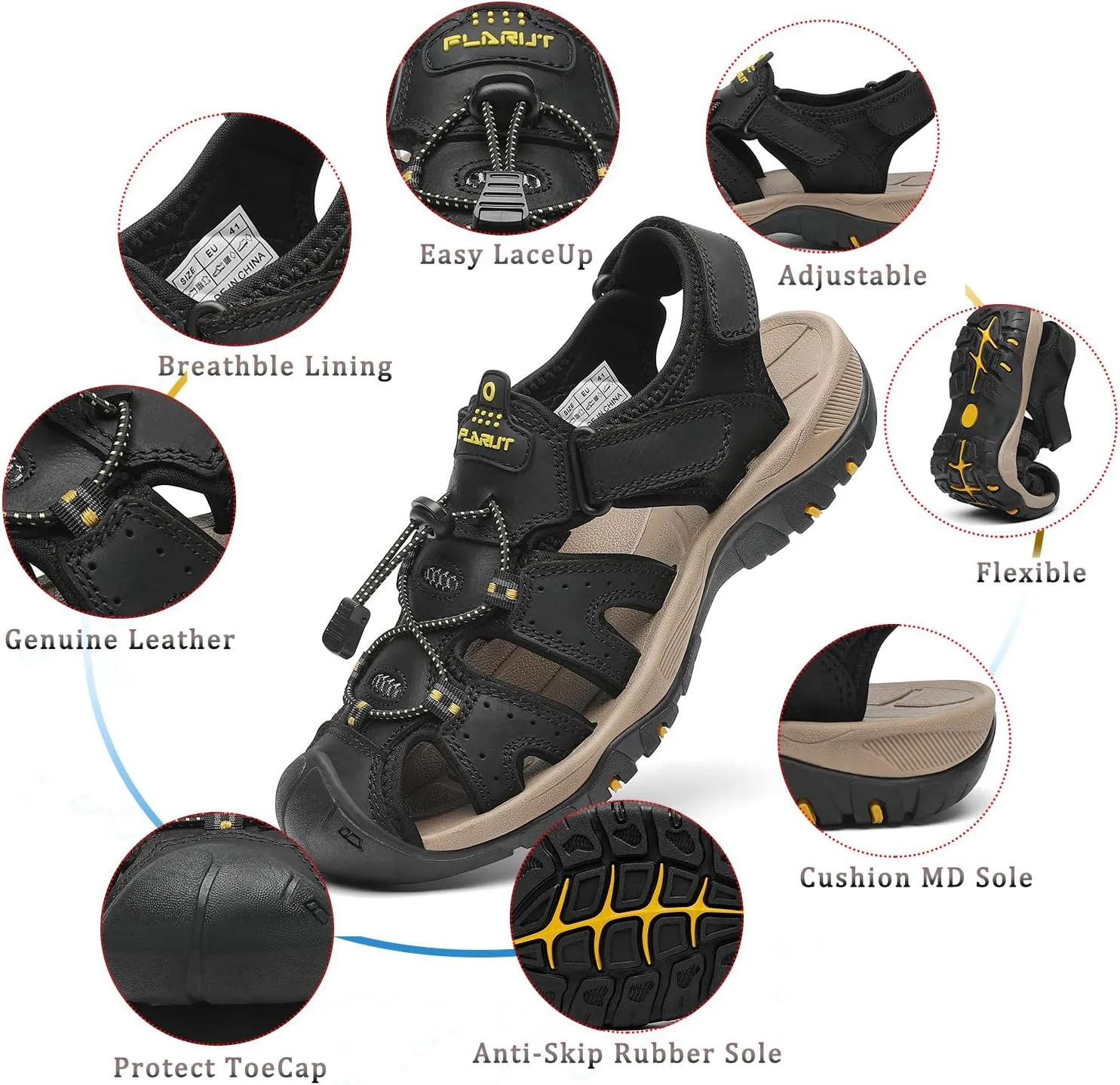 FLARUT Men's Sport Sandals Outdoor Hiking Sandals Closed Toe Leather Athletic Lightweight Trail Walking Casual Sandals Water Shoes