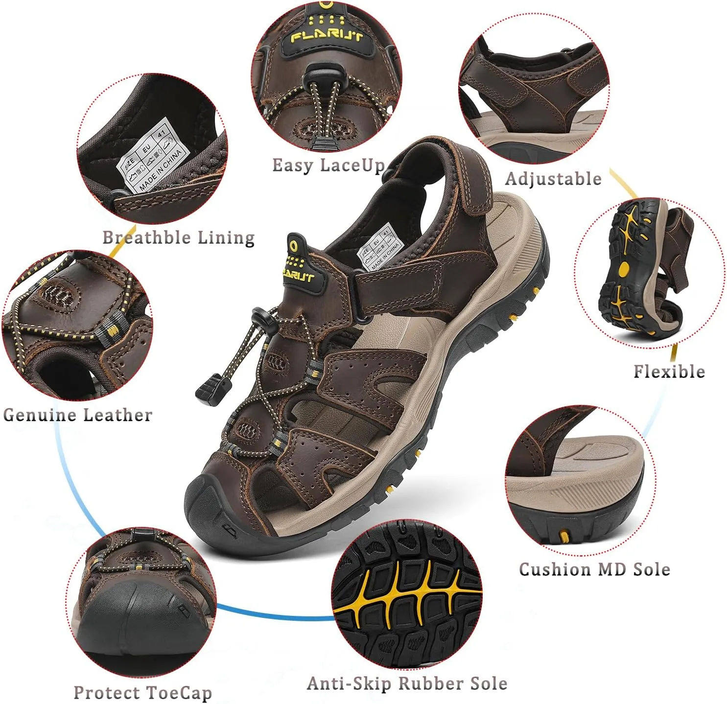FLARUT Men's Sport Sandals Outdoor Hiking Sandals Closed Toe Leather Athletic Lightweight Trail Walking Casual Sandals Water Shoes