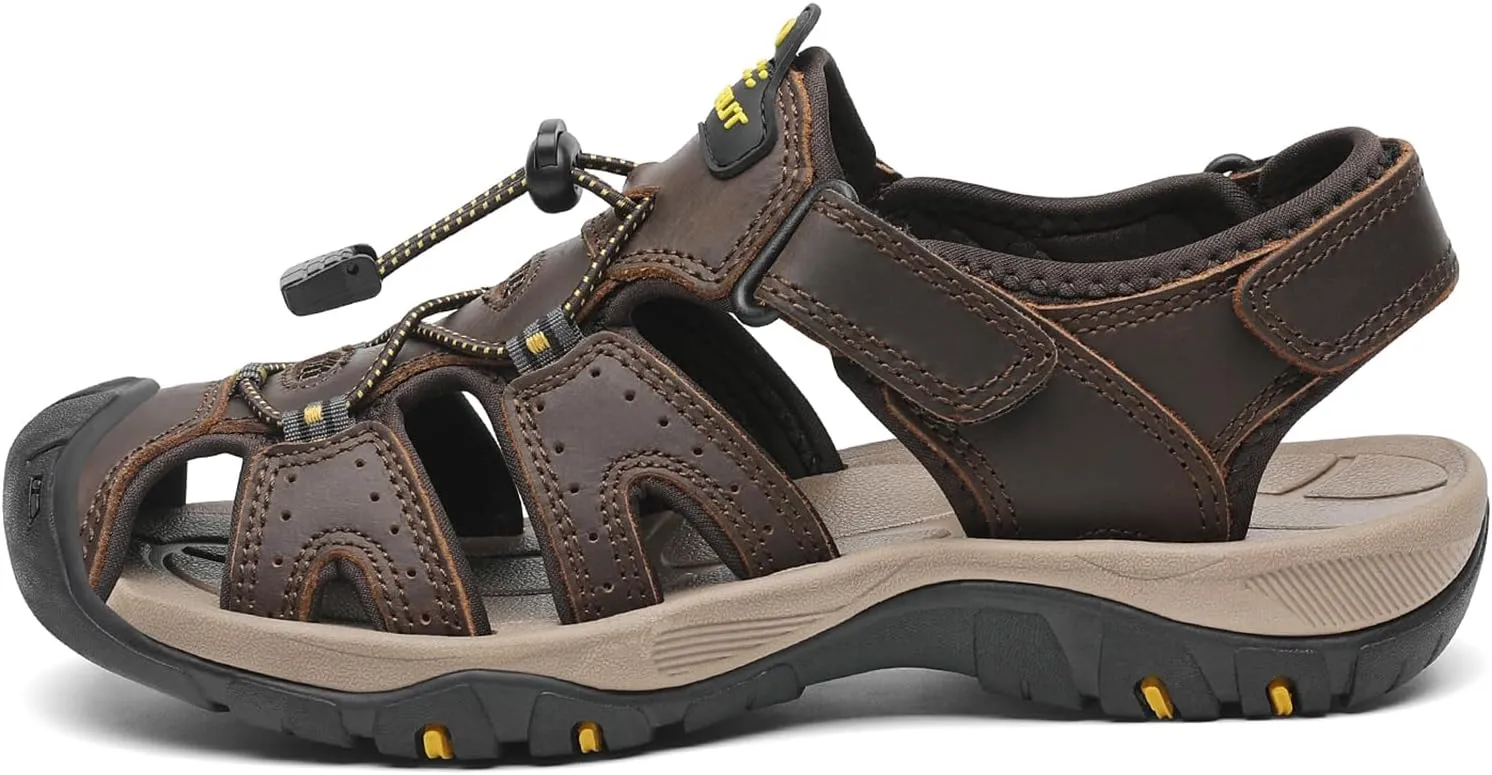 FLARUT Men's Sport Sandals Outdoor Hiking Sandals Closed Toe Leather Athletic Lightweight Trail Walking Casual Sandals Water Shoes
