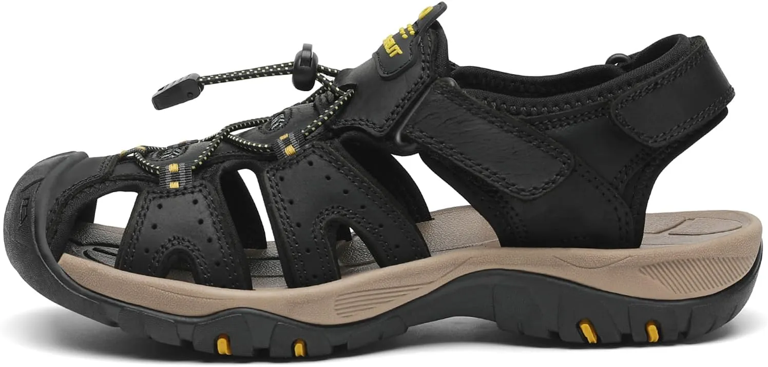 FLARUT Men's Sport Sandals Outdoor Hiking Sandals Closed Toe Leather Athletic Lightweight Trail Walking Casual Sandals Water Shoes