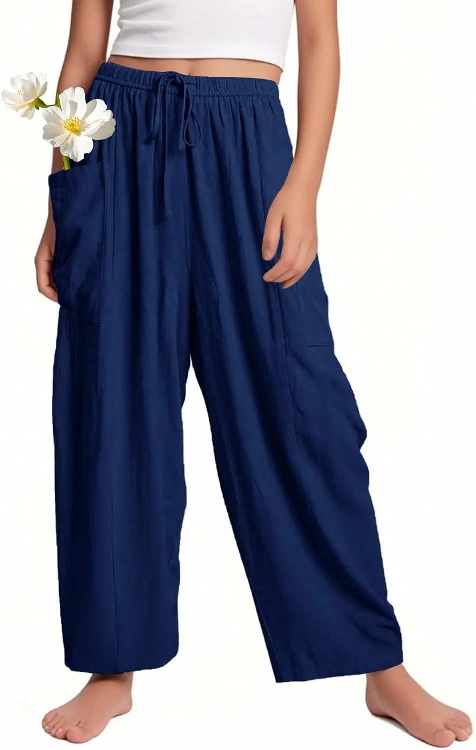Flygo Girls Wide Leg Pants Casual Flowy Elastic Waist Palazzo Harem Trousers with Pockets 5-14Y