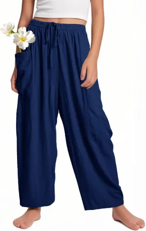 Flygo Girls Wide Leg Pants Casual Flowy Elastic Waist Palazzo Harem Trousers with Pockets 5-14Y