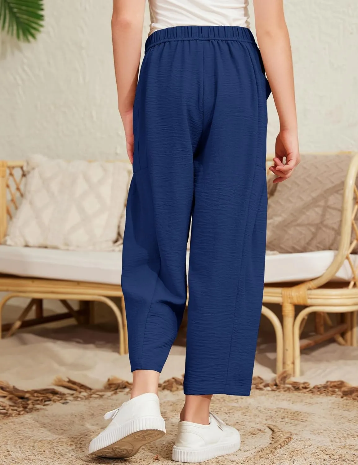 Flygo Girls Wide Leg Pants Casual Flowy Elastic Waist Palazzo Harem Trousers with Pockets 5-14Y