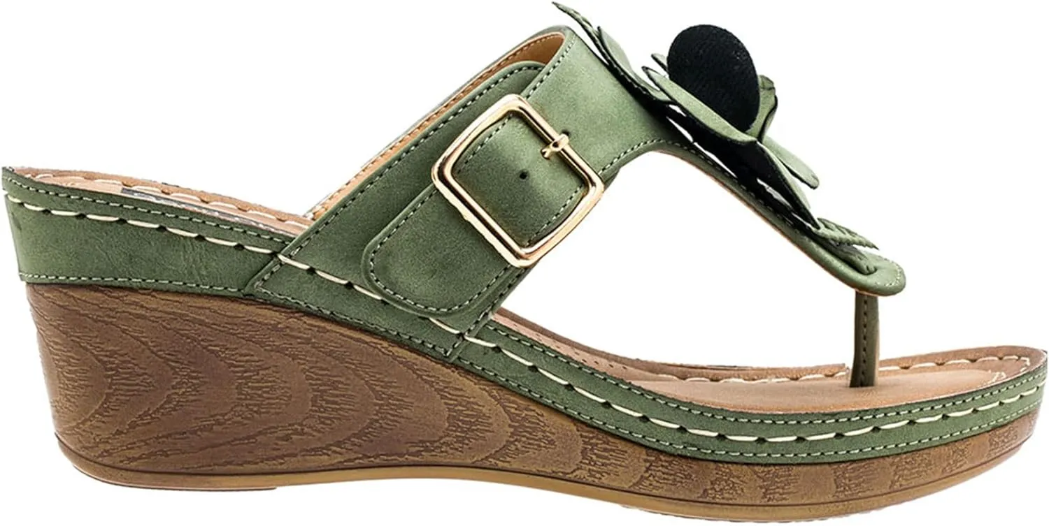 GC Shoes Womens Wedge Sandals, Open Toe Mid Heel Platform, Comfy Vegan Leather Flower Strap Thong, Flora