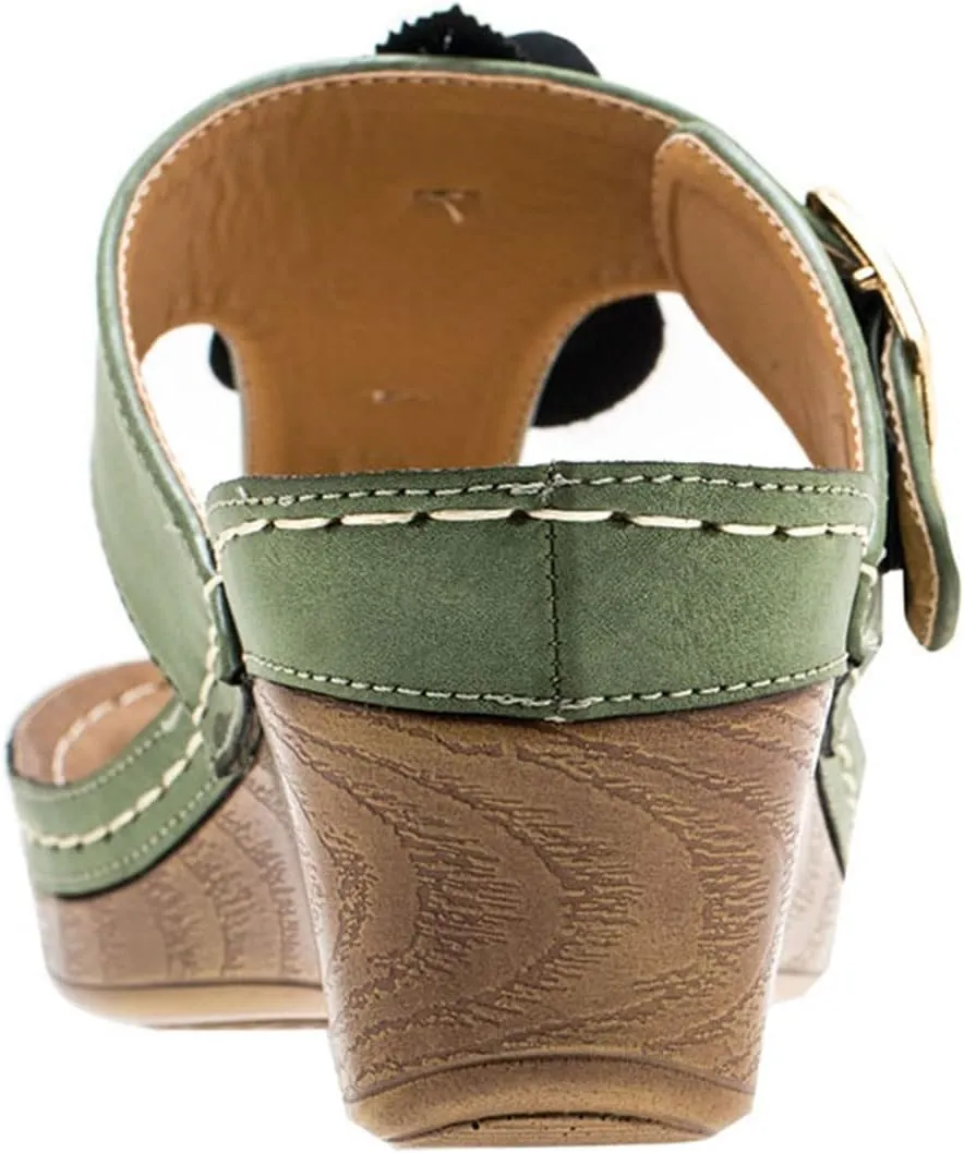 GC Shoes Womens Wedge Sandals, Open Toe Mid Heel Platform, Comfy Vegan Leather Flower Strap Thong, Flora