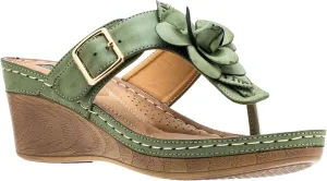 GC Shoes Womens Wedge Sandals, Open Toe Mid Heel Platform, Comfy Vegan Leather Flower Strap Thong, Flora