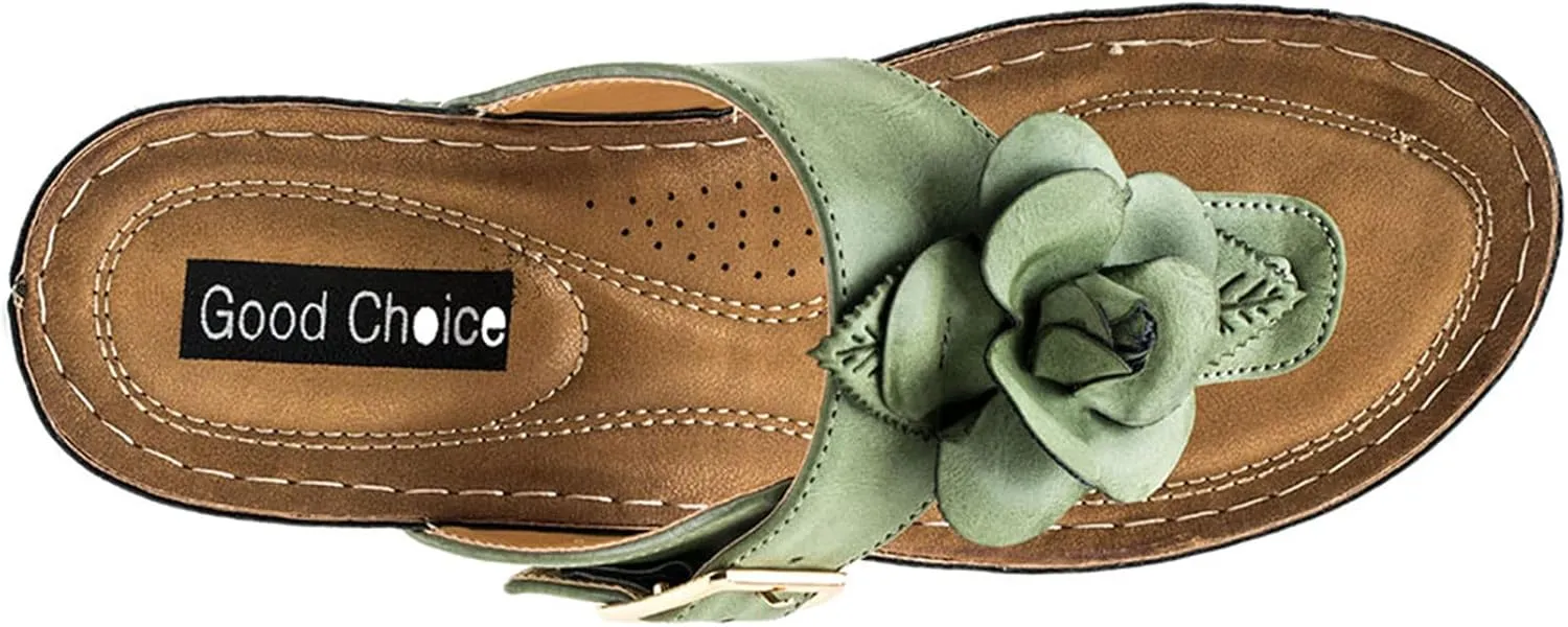 GC Shoes Womens Wedge Sandals, Open Toe Mid Heel Platform, Comfy Vegan Leather Flower Strap Thong, Flora