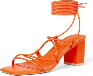 GENSHUO Women Strappy Chunky Heels Sandals Square Open Toe Lace Up Heel 2.36 inch Ankle Strap Block High Heeled Sandals