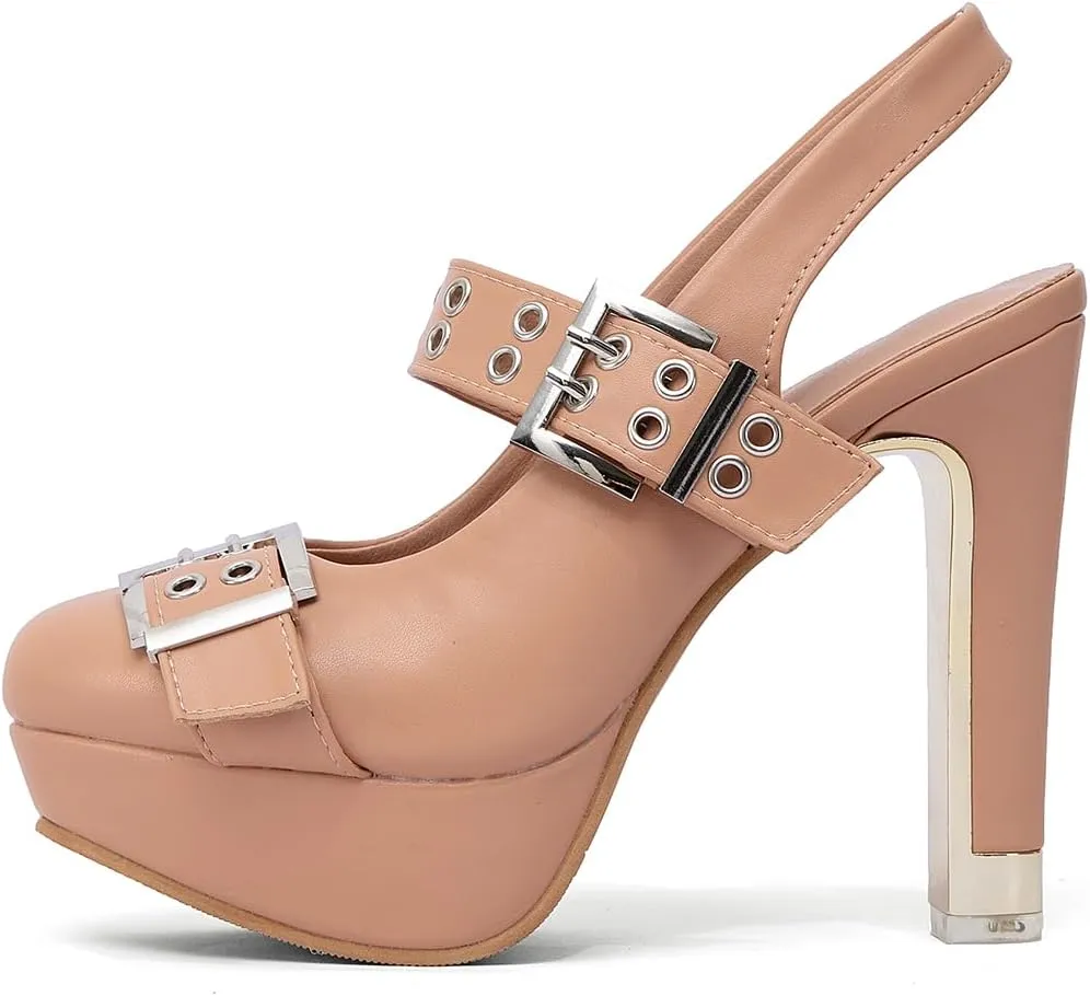 getmorebeauty Women's Buckle Strap Slingback Pumps Chunky High Heels Closed Toe Platform Sandals Prom Dress Shoes