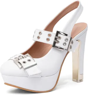 getmorebeauty Women's Buckle Strap Slingback Pumps Chunky High Heels Closed Toe Platform Sandals Prom Dress Shoes