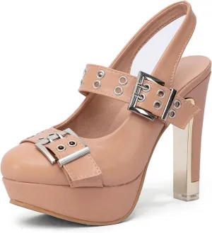 getmorebeauty Women's Buckle Strap Slingback Pumps Chunky High Heels Closed Toe Platform Sandals Prom Dress Shoes