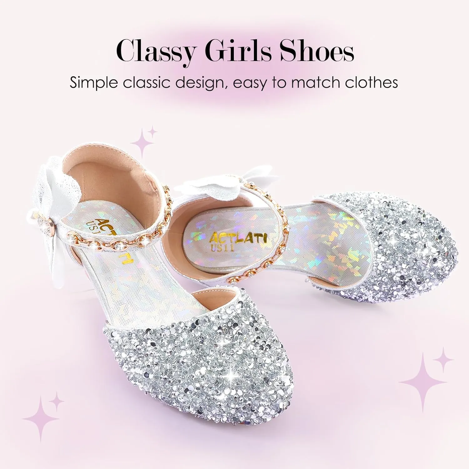 Girls Dress Pumps Glitter Sequins Princess Crystal High Heels Closed Toe Party Wedding Flower Girls Shoes (Little/Big Kid)