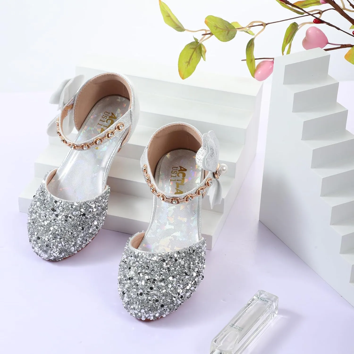 Girls Dress Pumps Glitter Sequins Princess Crystal High Heels Closed Toe Party Wedding Flower Girls Shoes (Little/Big Kid)