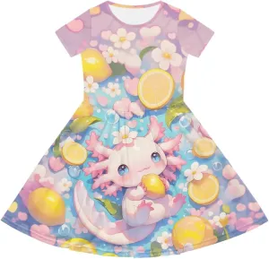 Girls Dresses Size 2-14 Kids Summer Short Sleeve Beach Dresses Casual Midi Dress Crewneck A Line