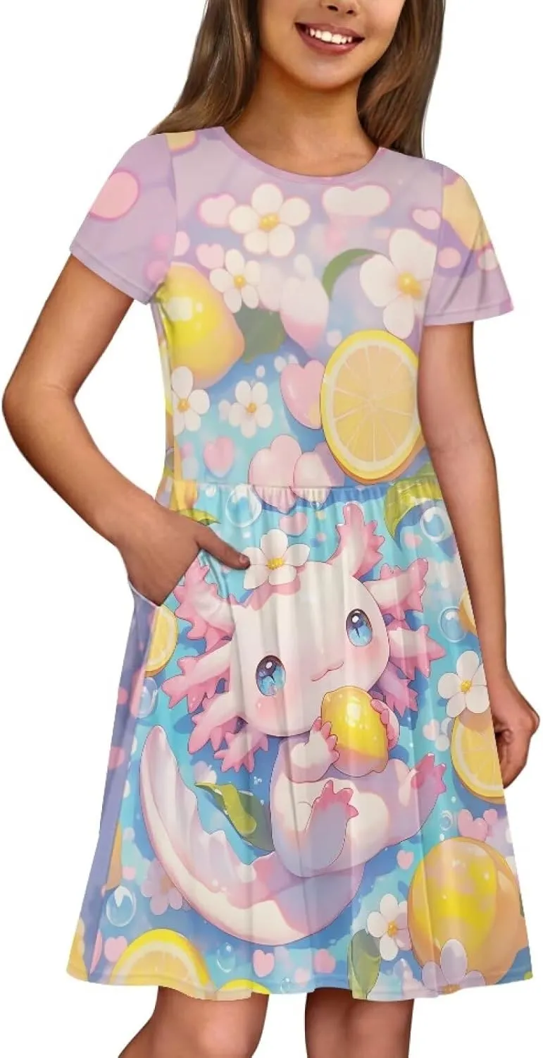 Girls Dresses Size 2-14 Kids Summer Short Sleeve Beach Dresses Casual Midi Dress Crewneck A Line