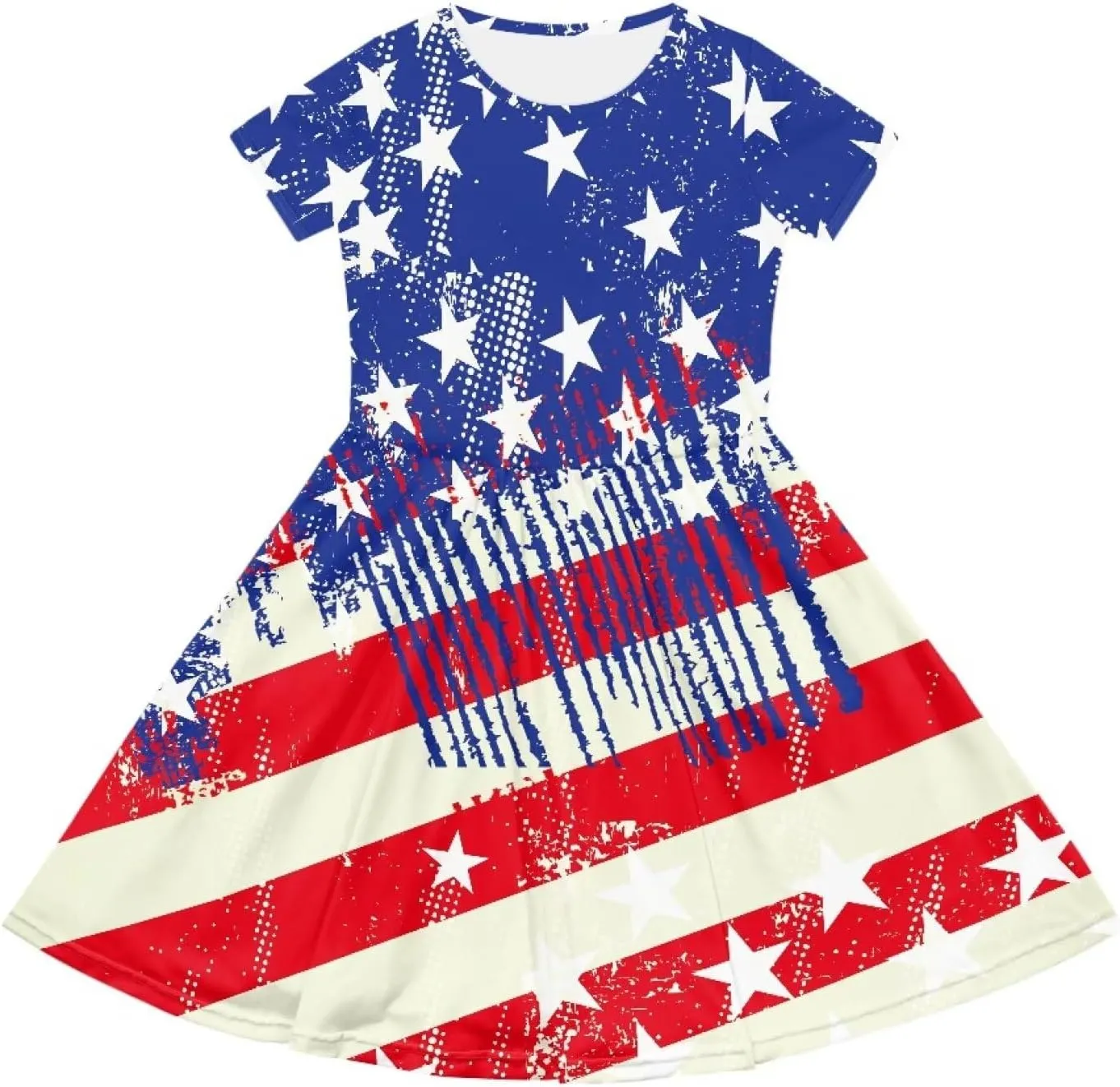 Girls Dresses Size 2-14 Kids Summer Short Sleeve Beach Dresses Casual Midi Dress Crewneck A Line