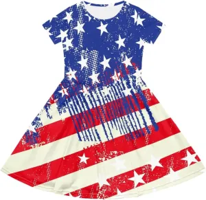 Girls Dresses Size 2-14 Kids Summer Short Sleeve Beach Dresses Casual Midi Dress Crewneck A Line