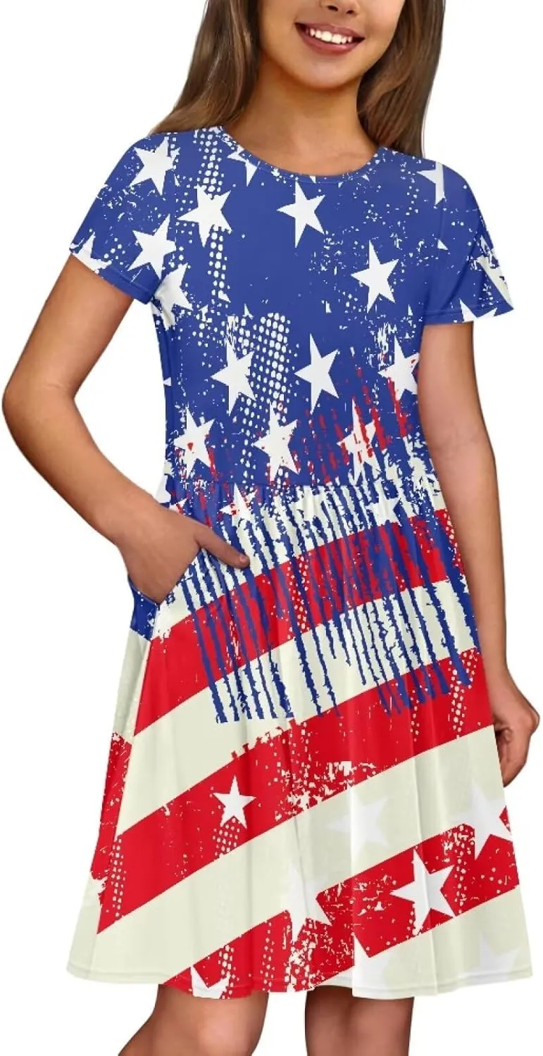 Girls Dresses Size 2-14 Kids Summer Short Sleeve Beach Dresses Casual Midi Dress Crewneck A Line