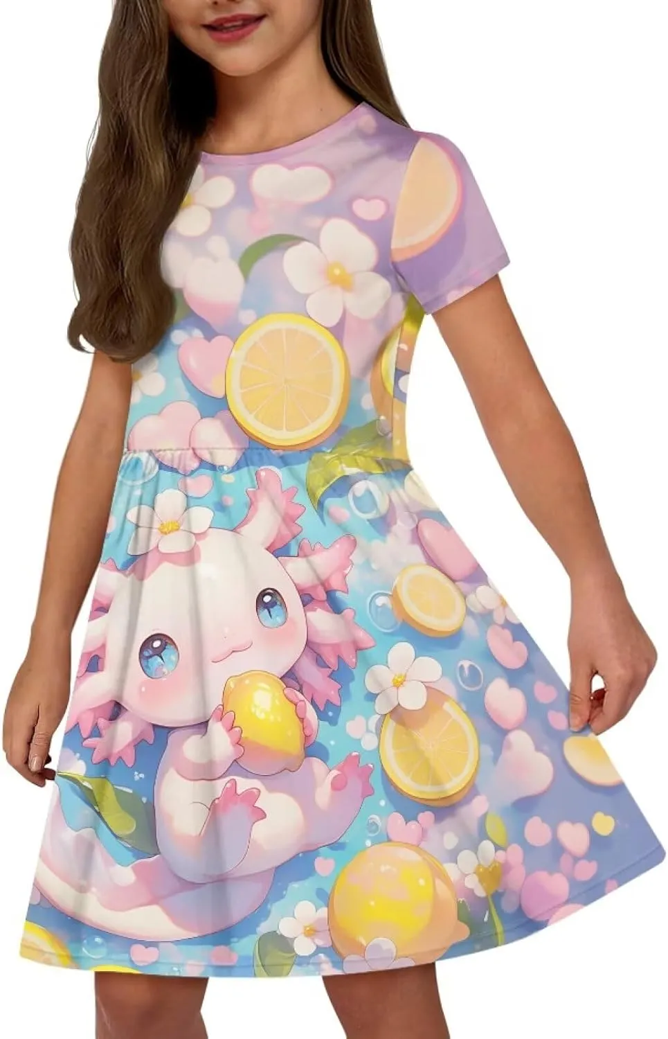 Girls Dresses Size 2-14 Kids Summer Short Sleeve Beach Dresses Casual Midi Dress Crewneck A Line