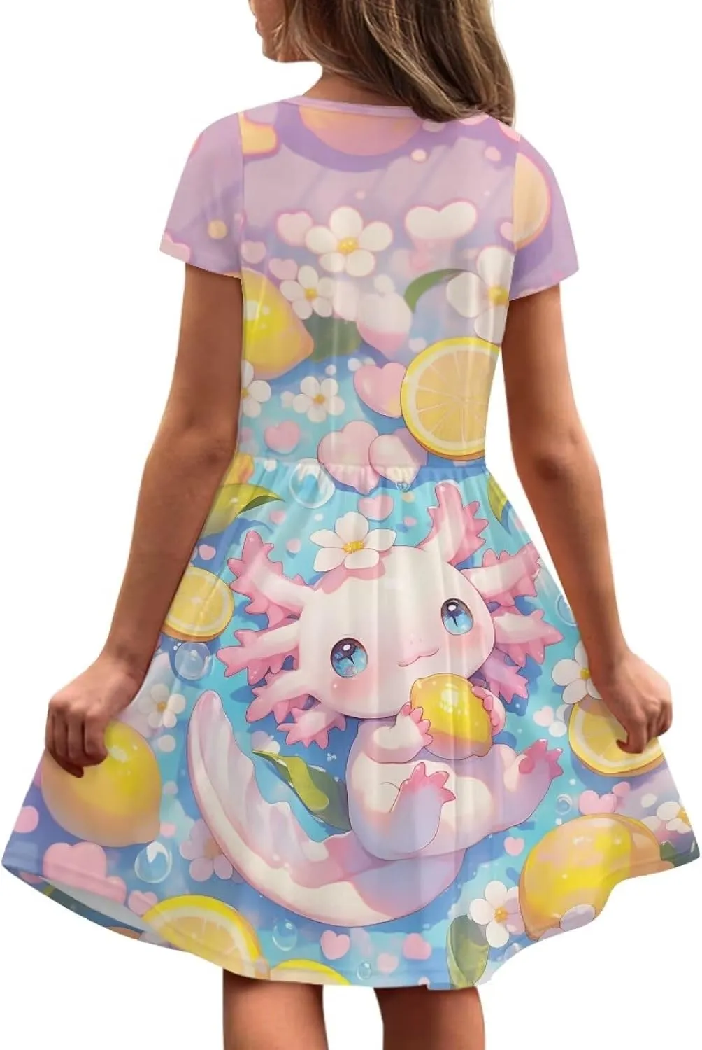 Girls Dresses Size 2-14 Kids Summer Short Sleeve Beach Dresses Casual Midi Dress Crewneck A Line