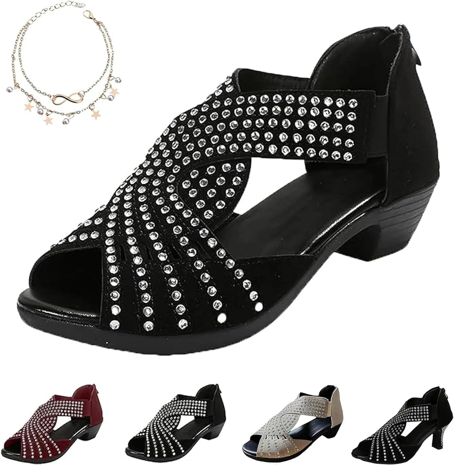 Glow Step Orthopedic Sandals, Glow Step Orthopedic Low Heel Cut-Out Sandals, Sparkly Rhinestone Open Shoes