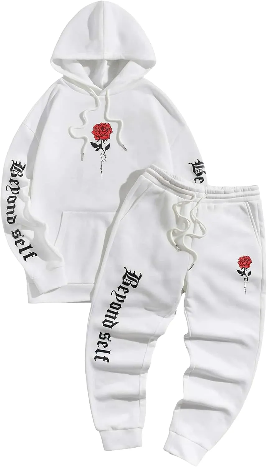 GORGLITTER Men's 2 Piece Sweatsuits Floral Letter Graphic Hoodie Sweatshirt Sweatpants Set Tracksuit