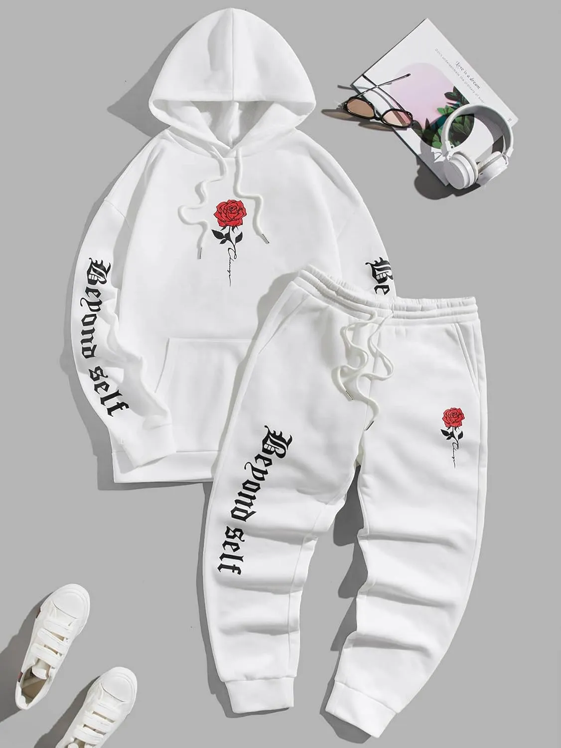 GORGLITTER Men's 2 Piece Sweatsuits Floral Letter Graphic Hoodie Sweatshirt Sweatpants Set Tracksuit