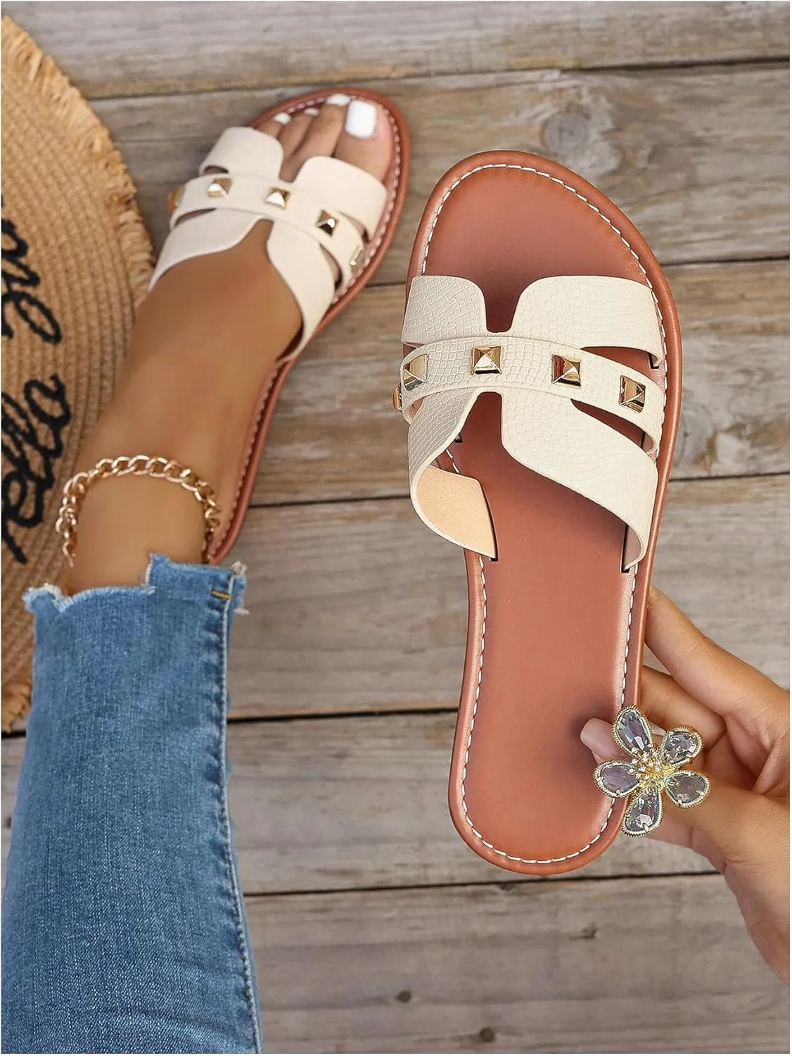 GORGLITTER Women's Embossed Metal Studded Dressy Flats Open Toe Cut Out Vacation Slide Sandals