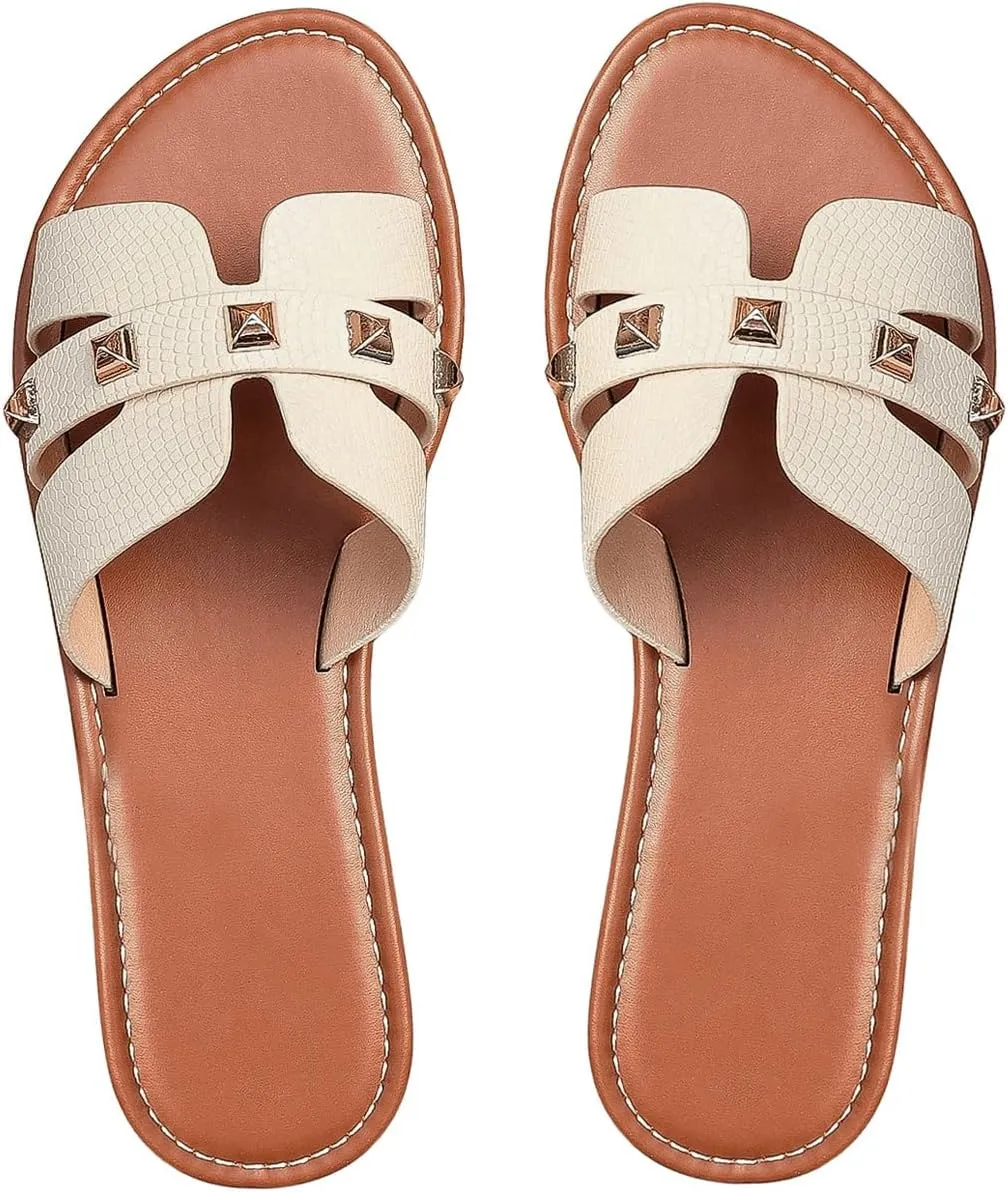 GORGLITTER Women's Embossed Metal Studded Dressy Flats Open Toe Cut Out Vacation Slide Sandals