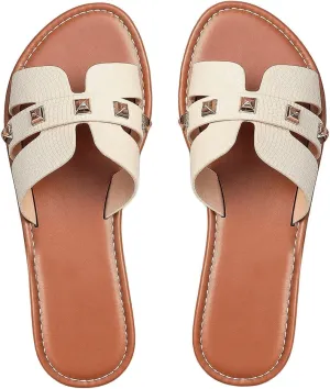 GORGLITTER Women's Embossed Metal Studded Dressy Flats Open Toe Cut Out Vacation Slide Sandals