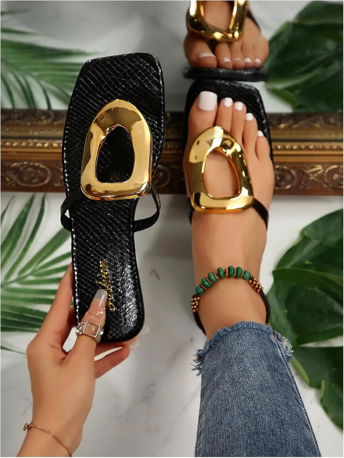 GORGLITTER Women's Gold Flip Flops Thong Flat Sandals 2025 Dressy Summer Vacation Open Toe Slides
