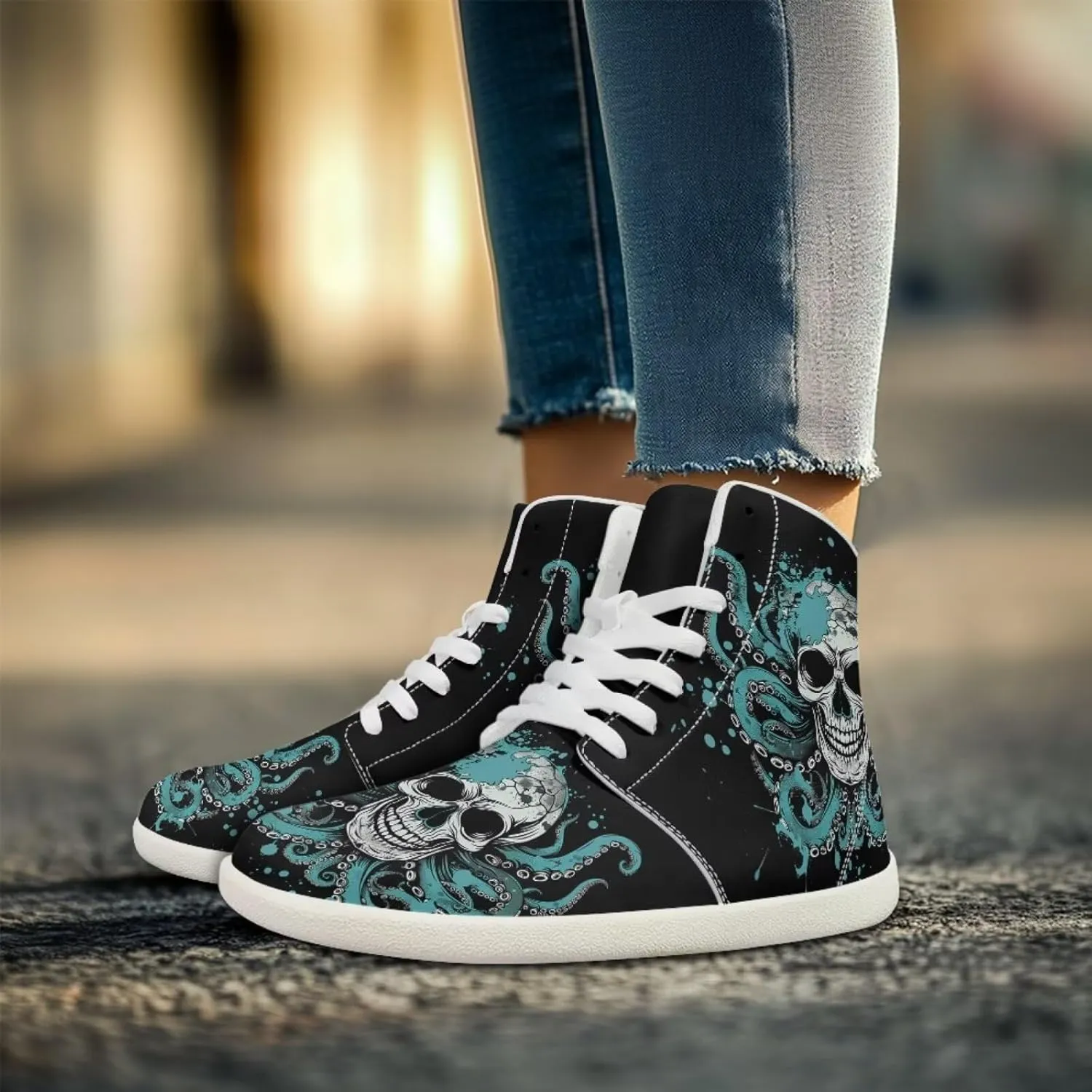 Gothic Skull High Top Sports Shoes for Women Men Running Sneaker PU Leather Athletic Sneakers