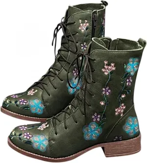 Hbeylia Combat Boots For Women Ethnic Vintage Flower Design Lace Up Leather Chunky Block Mid Heels Ankle Booties Boho Retro Casual Round Toe Dress Mid Calf Short Riding Boots Winter Fall Decor