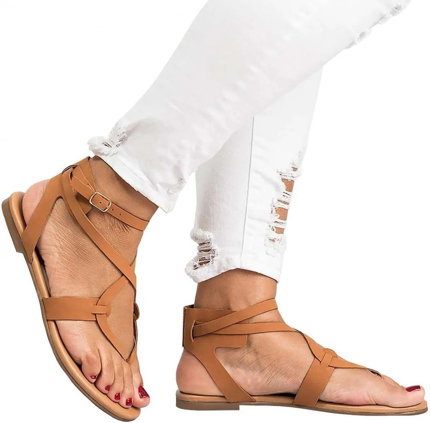 Hbeylia Flat Sandals with Arch Support for Women Retro Roman Peep Toe Cross Strap Low Top Buckle Strap Slides Sandals with Soft Footbed Summer Beach Oceanside Holiday Outdoor