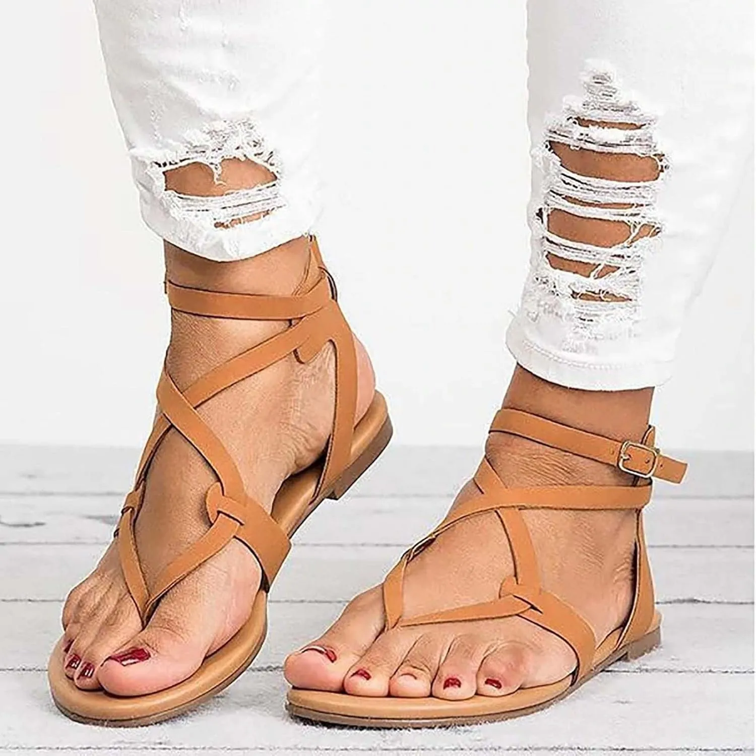 Hbeylia Flat Sandals with Arch Support for Women Retro Roman Peep Toe Cross Strap Low Top Buckle Strap Slides Sandals with Soft Footbed Summer Beach Oceanside Holiday Outdoor