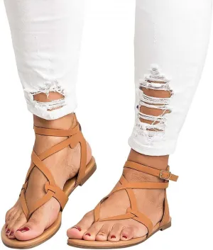 Hbeylia Flat Sandals with Arch Support for Women Retro Roman Peep Toe Cross Strap Low Top Buckle Strap Slides Sandals with Soft Footbed Summer Beach Oceanside Holiday Outdoor