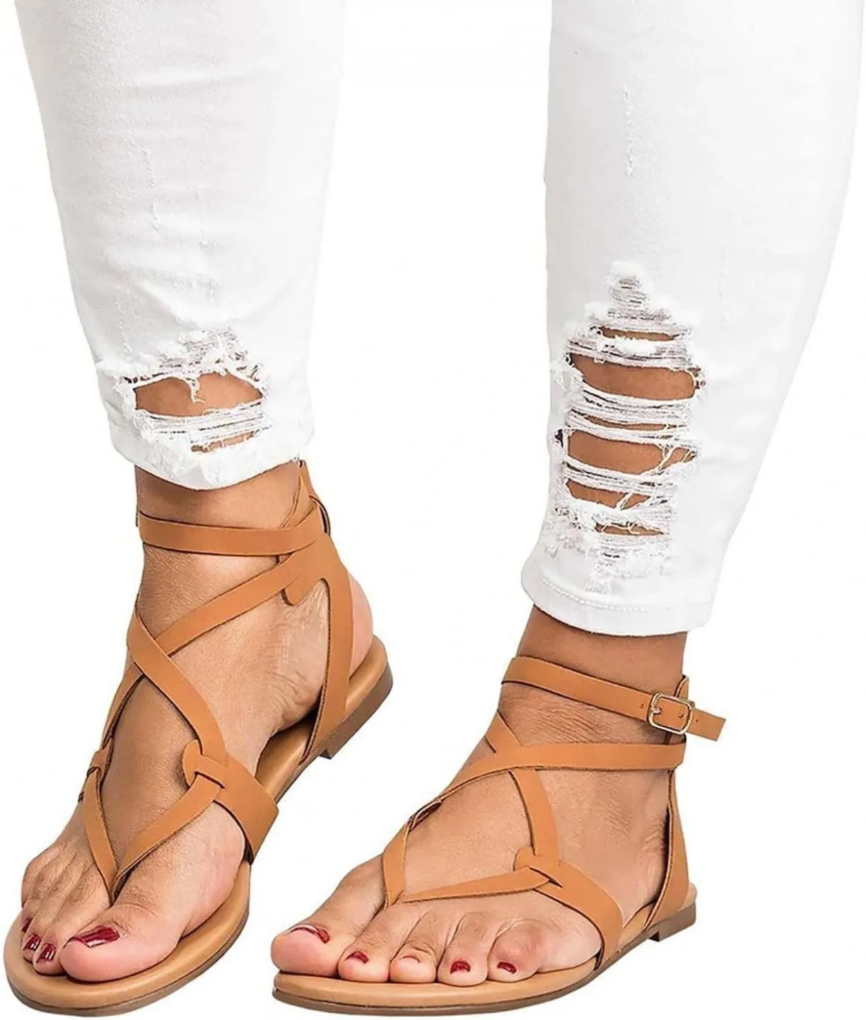 Hbeylia Flat Sandals with Arch Support for Women Retro Roman Peep Toe Cross Strap Low Top Buckle Strap Slides Sandals with Soft Footbed Summer Beach Oceanside Holiday Outdoor