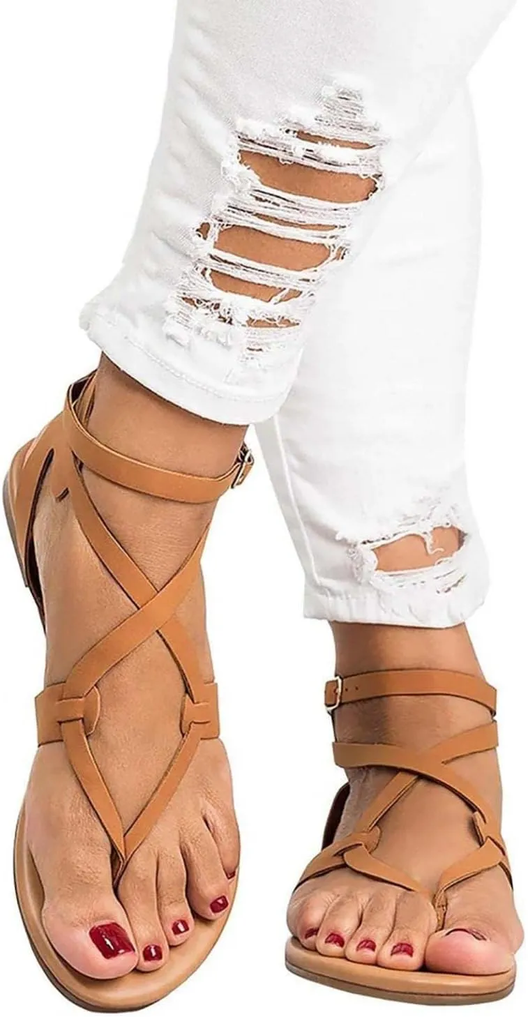 Hbeylia Flat Sandals with Arch Support for Women Retro Roman Peep Toe Cross Strap Low Top Buckle Strap Slides Sandals with Soft Footbed Summer Beach Oceanside Holiday Outdoor