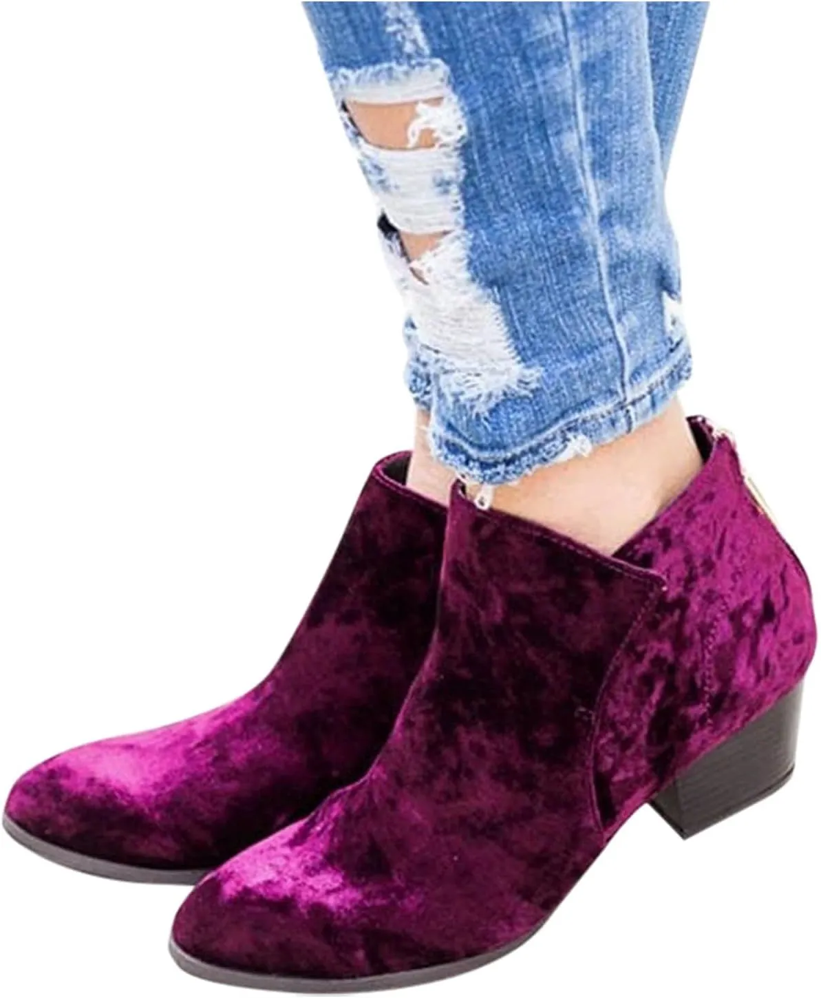 Hbeylia Short Ankle Boots for Women Fashion Satin Suede Pointed Toe Slip On Chunky Block Low Heel Dress Ankle Booties for Ladies Christmas Wedding Party Spring Autumn Winter Costum (Purple, 9)