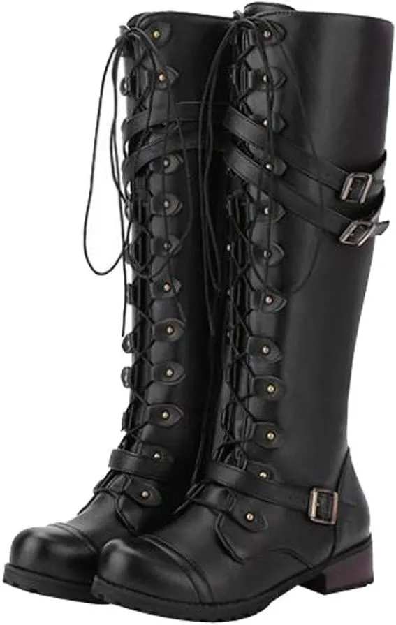 Hbeylia Women's Motorcycle Riding Boots Fashion Leather Metal Buckle Lace Up Knee High Chunky Heel Goth Combat Boots Gothic Punk Low Heel Military Over The Knee Winter Tall Boots For Women