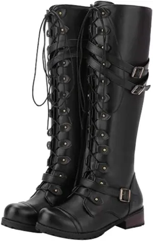 Hbeylia Women's Motorcycle Riding Boots Fashion Leather Metal Buckle Lace Up Knee High Chunky Heel Goth Combat Boots Gothic Punk Low Heel Military Over The Knee Winter Tall Boots For Women