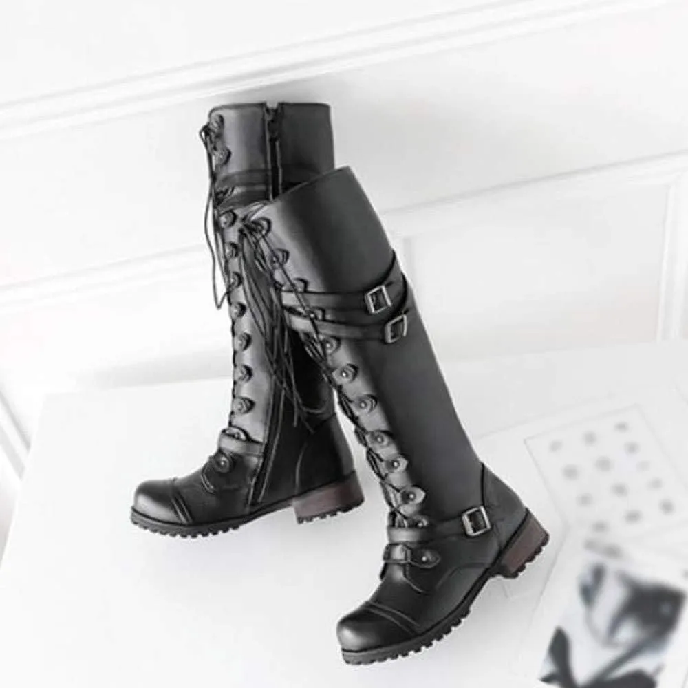 Hbeylia Women's Motorcycle Riding Boots Fashion Leather Metal Buckle Lace Up Knee High Chunky Heel Goth Combat Boots Gothic Punk Low Heel Military Over The Knee Winter Tall Boots For Women