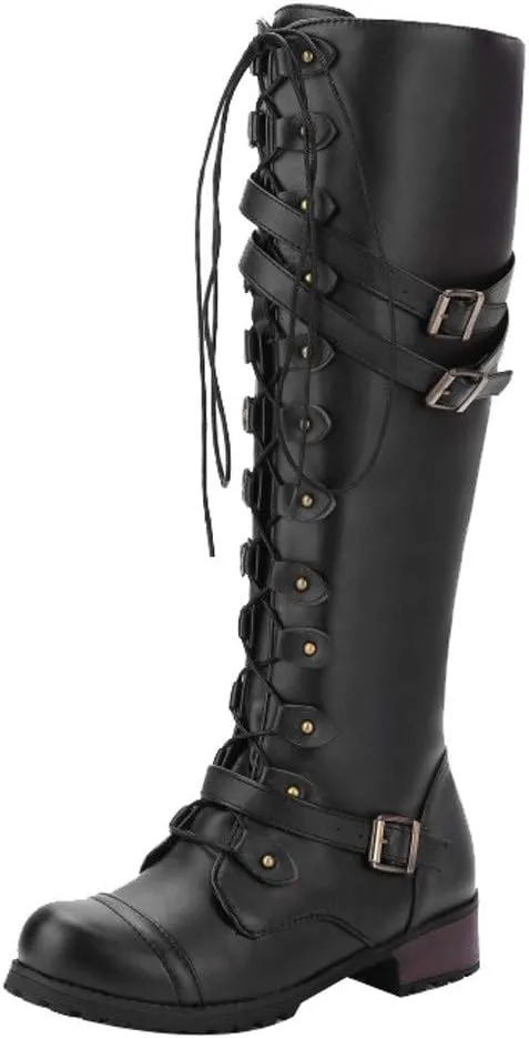 Hbeylia Women's Motorcycle Riding Boots Fashion Leather Metal Buckle Lace Up Knee High Chunky Heel Goth Combat Boots Gothic Punk Low Heel Military Over The Knee Winter Tall Boots For Women
