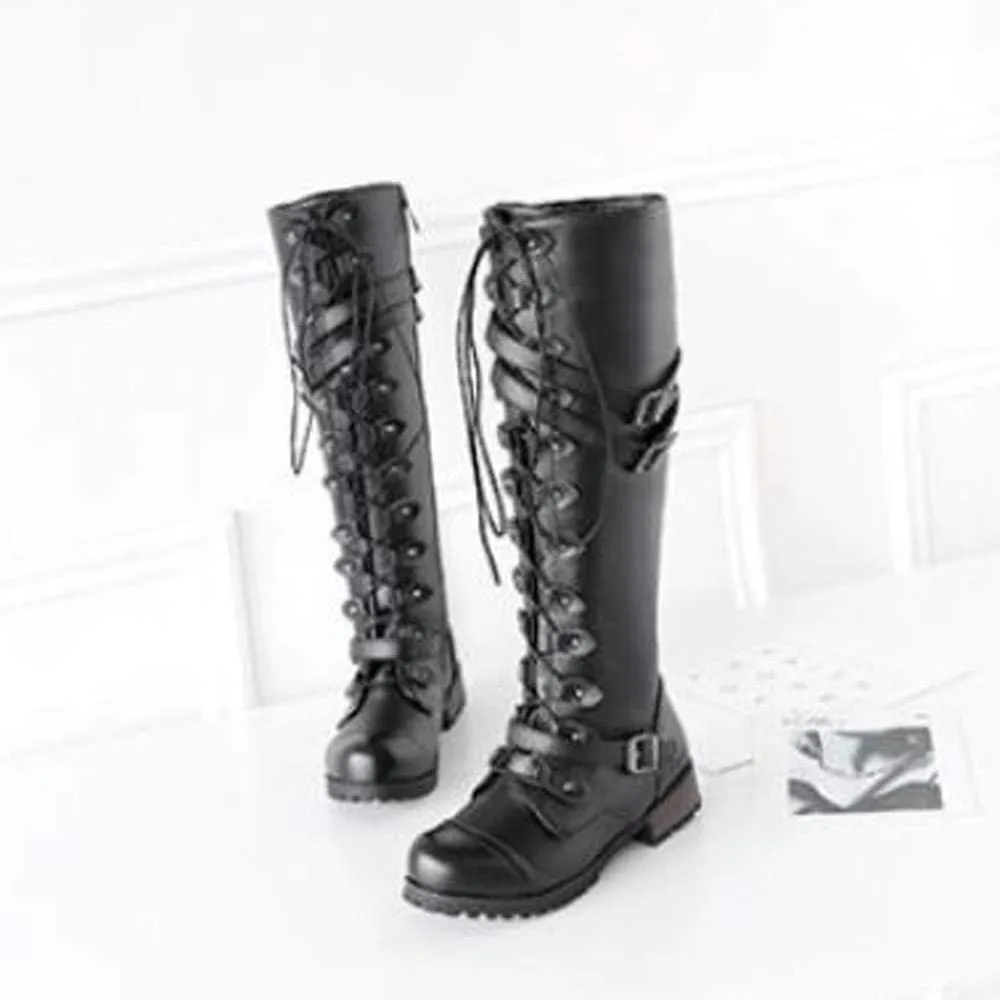 Hbeylia Women's Motorcycle Riding Boots Fashion Leather Metal Buckle Lace Up Knee High Chunky Heel Goth Combat Boots Gothic Punk Low Heel Military Over The Knee Winter Tall Boots For Women